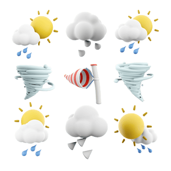 3d rendering sun with rain and cloud, hail, cyclone, windsock icon set. 3d render weather concept icon set. png