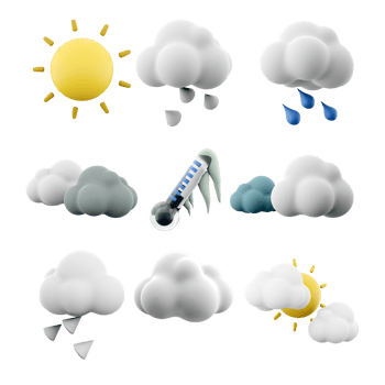 3d rendering sun, hail, rain, black and white clouds, frozen thermometer, two clouds and sun icon set. 3d render weather concept icon set. png