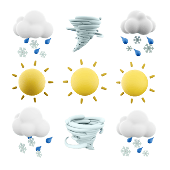 3d rendering sun with rays, cyclone, snow with rain and cloud icon set. 3d render weather concept icon set. png