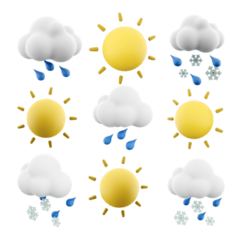3d rendering sun, rain, snow with rain and cloud icon set. 3d render weather concept icon set. png