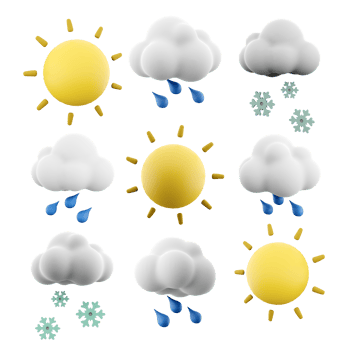 3d rendering sun with rays, rain, snow and cloud icon set. 3d render weather concept icon set. png