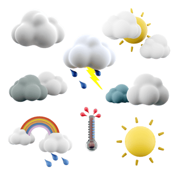 3d rendering Thunder and lightning with rain, two clouds and sun, black and white clouds, rainbow with rain, hot temperature on the thermometer, sun icon set. 3d render weather concept icon set. png