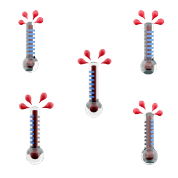 3d rendering Danger High Temperature thermometer on fire icon set. 3d render Hot weather, dangerous for humans different positions icon set. png