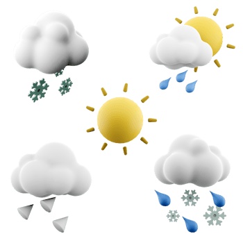 3d rendering snow, rain with sun rays, sun, hail with cloud, rain and snow with cloud icon set. 3d render weather concept icon set. png