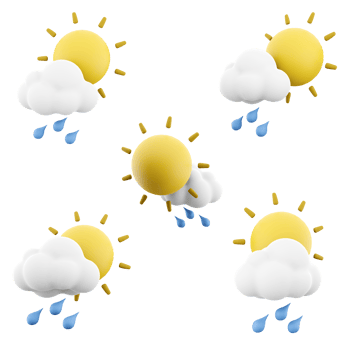 3d rendering raindrops with sun and cloud icon set. 3d render rain in sunny weather different positions icon set. png