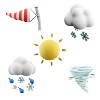 3d rendering windsock, snow, snow with rain, sun and tornado icon set. 3d render weather concept icon set. png