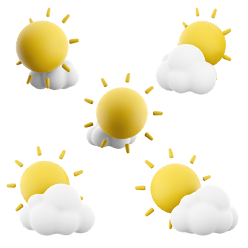 3d rendeing sun with cloud icon set. 3d render a cloud covers the sun different positions icon set. png