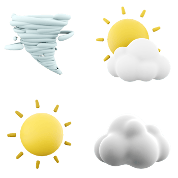 3d rendering tornado, sun rays with cloud, sun, cloud icon set. 3d render weather concept icon set. png