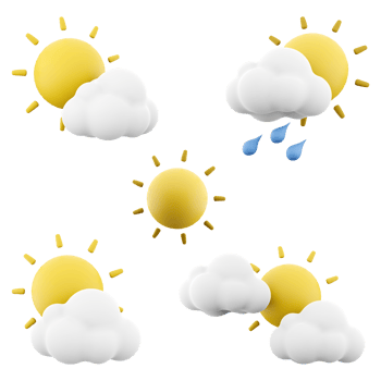 3d rendering sun shine, clouds, rain, sun rays icon set. 3d render weather concept icon set. png