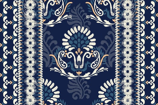 Ikat floral paisley embroidery on navy blue background.Ikat ethnic oriental pattern traditional.Aztec style abstract vector illustration.design for texture,fabric,clothing,wrapping,decoration,carpet.