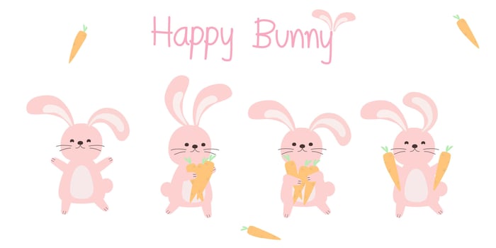 Isolated Cute bunny rabbit set. Baby  pink rabbit cartoon character Vector illustration flat design for decoration. Happy Rabbit holding carrots.
