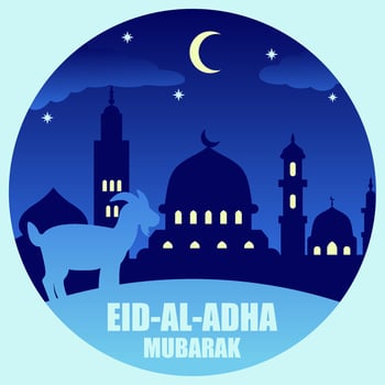 Eid al adha vector illustration for islam culture. Qurban design of goat and mosque for eid al adha mubarak. Islamic design of qurban for al adha event celebration in muslim culture and islam religion