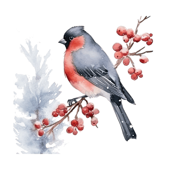 Watercolor Christmas forest branches and bullfinch. Illustration png
