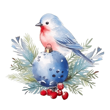Watercolor Christmas tree toy bird and holly jolly branches. Illustration png