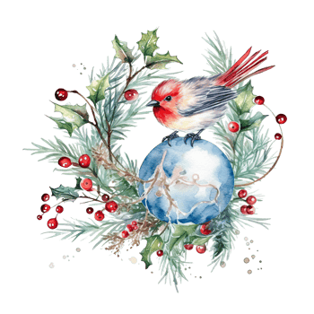 Watercolor Christmas tree toy bird and holly jolly branches. Illustration png