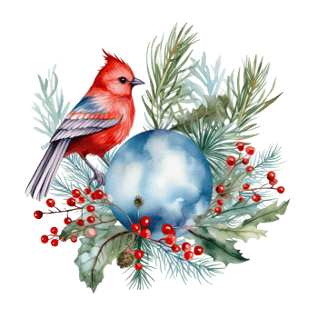 Watercolor Christmas tree toy bird and holly jolly branches. Illustration png