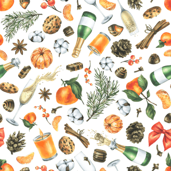 Christmas collection with tangerines, sweets, spices, champagne and plants. Watercolor illustration, hand drawn for holiday decor. Seamless pattern png