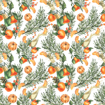 Tangerines with pine branches and cones, champagne in bottles and glasses. Hand drawn watercolor illustration for christmas fabric, textile, wrapping paper. Seamless pattern png