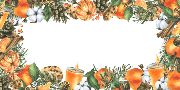 Tangerines with cotton, pine branches and cones, sweets, candle and spices. Watercolor illustration hand drawn for Christmas decor. Horizontal rectangular frame png