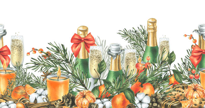 Christmas decor with tangerines, champagne. sweets and pine branches. Watercolor illustration, hand drawn. Seamless, horizontal border. For congratulations and holiday. png