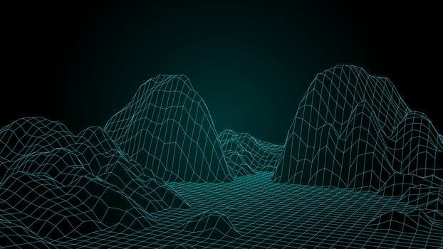 Abstract dark background with linear grid. The framework of the landscape. Polygonal map of the area. 3d vector illustration