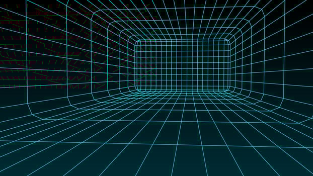 An abstract tunnel with a blue mesh structure. 3D grid of tunnels and corridors. Vector wormhole.