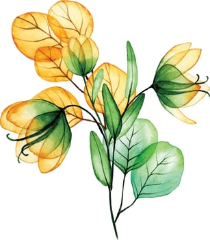 watercolor drawing. bouquet, autumn composition of transparent flowers and eucalyptus leaves. yellow and green leaves vector