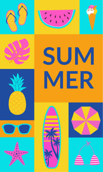 Summer background in geometric style. Summertime poster banner, flyers design for web, shop, bar, travel. Surfboard, beach umbrella, bikini, starfish vector illustration