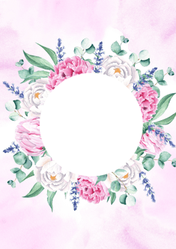 Floral background card. Wedding invitation template with circle wreath, white and pink peonies, lavender, eucalyptus, purple watercolor splashes. For save the date, greeting cards and cover design. png