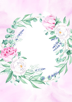 Floral background card. Wedding invitation template with circle wreath, white and pink peonies, lavender, gypsophila and eucalyptus, purple watercolor splashes. For save the date, greeting cards png