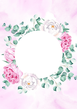 Floral background card. Wedding invitation template with circle wreath, white and pink peonies, eucalyptus, purple watercolor splashes. For save the date, greeting cards and cover design. png