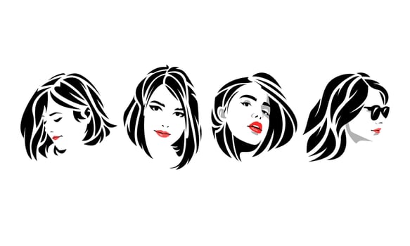 set of several beautiful female faces with short hair tribal tattoos. graphic flat vector illustration.