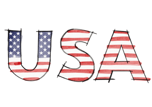 Hand draw USA text with United state of  America flag inside  watercolor  brush paint isolate on png
