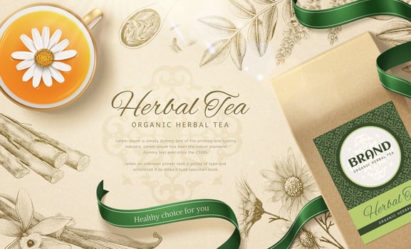 Organic herbal tea in 3d illustration with engraved herbs background vector
