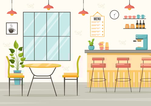 Cafe Vector Illustration of Interior with Bar stand, Table and Armchairs in Flat Cartoon Hand Drawn Landing Page Restaurant Background Templates