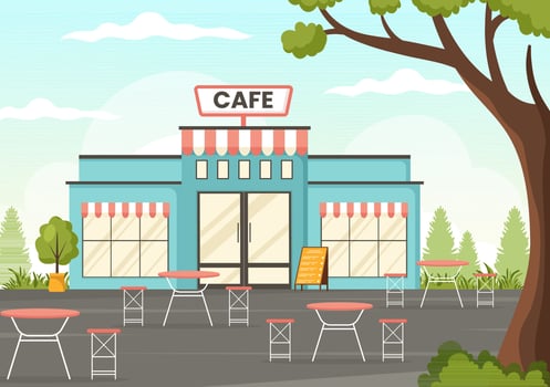 Cafe Vector Illustration of Interior with Bar stand, Table and Armchairs in Flat Cartoon Hand Drawn Landing Page Restaurant Background Templates