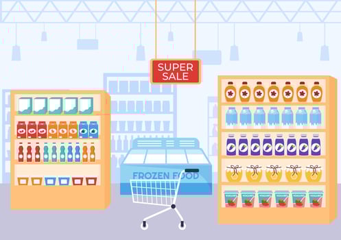 Food Grocery Store Shopping Vector Illustration with Foods Items and Products Assortiment on the Supermarket in Flat Cartoon Hand Drawn Templates