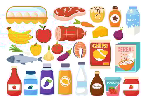 Food Grocery Store Shopping Vector Illustration with Foods Items and Products Assortiment on the Supermarket in Flat Cartoon Hand Drawn Templates