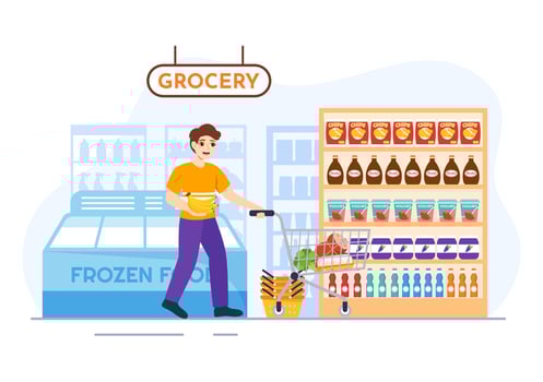 Food Grocery Store Shopping Vector Illustration with Foods Items and Products Assortiment on the Supermarket in Flat Cartoon Hand Drawn Templates