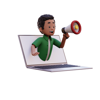 3d male character jumping out from computer screen and holding a megaphone png