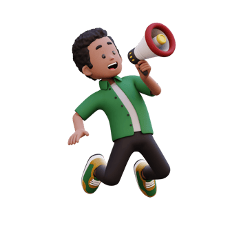 3d male character jumping and holding a megaphone png