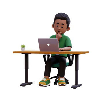 3d male character thinking and working on a laptop png
