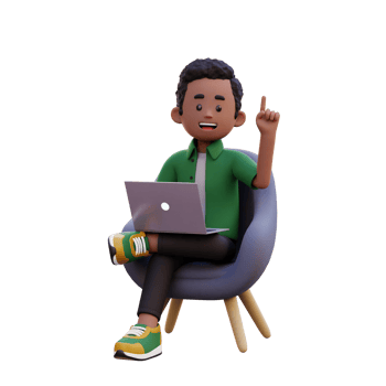 3d male character get an idea while sitting on a sofa and working on a laptop png