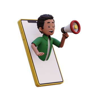 3d male character jumping out from smart phone screen and holding a megaphone png