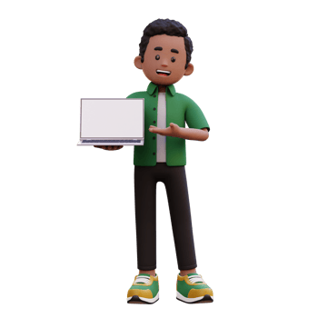 3d male character holding and presenting to a laptop with empty screen png