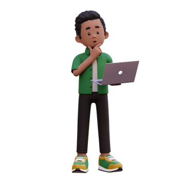 3d male character thinking and working on a laptop png