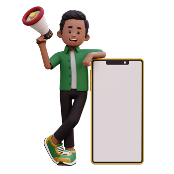 3d male character holding megaphone and laying on a big smart phone with empty screen png