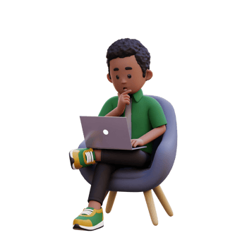3d male character sitting on a sofa and working on a laptop with thinking pose png
