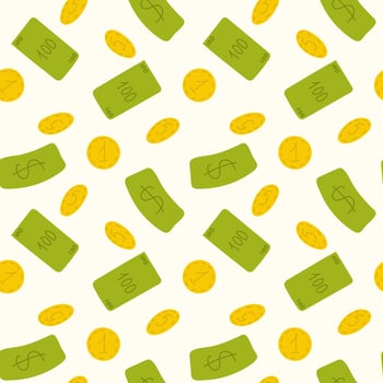 Money rain flat cartoon Seamless pattern. Green paper notes and gold coin flying in air. Money banknotes flying wite background, various banknotes, different coins. Money float. Vector illustration.