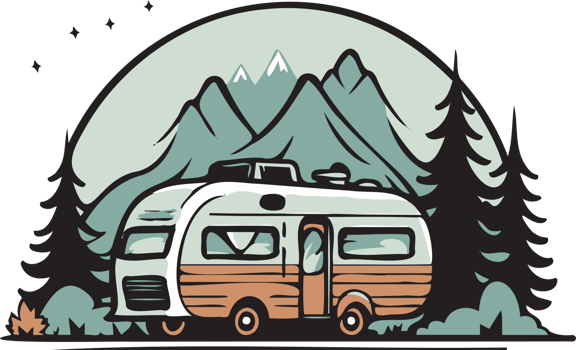 Hand Drawn vintage camping van logo in flat line art style png